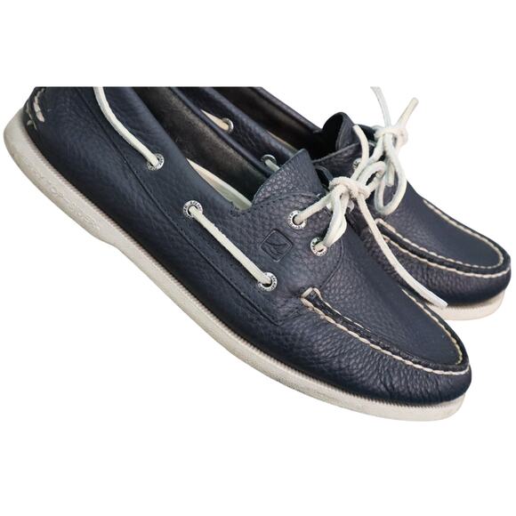Sperry Navy Blue Leather Loafer Boat Men 11M Lace Up Casual Preppy 2 Eye Moc Toe - Picture 1 of 8